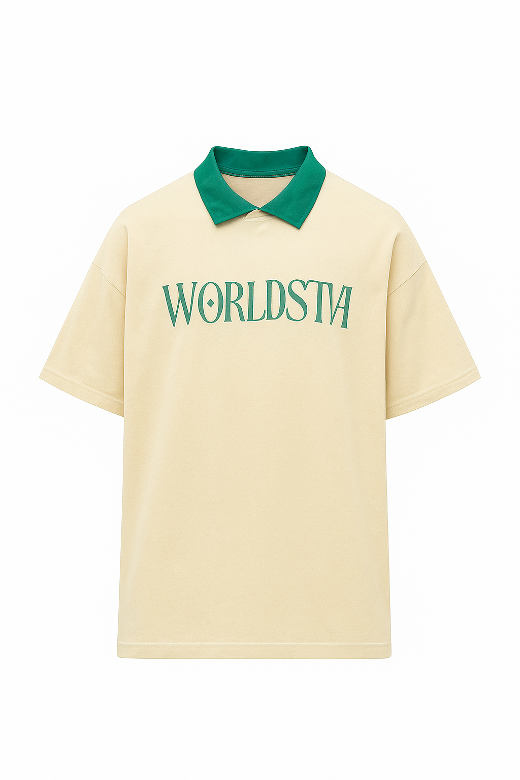 تیشرت یقه‌دار کرم مردانه با طرح WORLDSTAR
